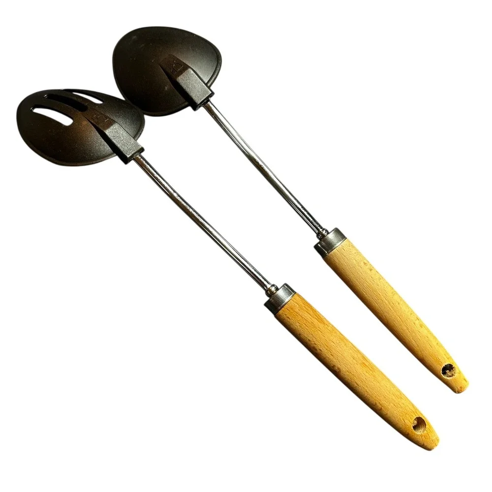 Serving Spoon Set Wood Handle Slotted‎ Solid Nylon Kitchen Utensils Black VTG